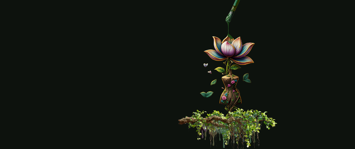 A paintbrush dripping down into a floating pink and purple lotus flower head on top of a mannequin made from a tree trunk with green leaves rooted to a branch of vines and mossy roots on a black background